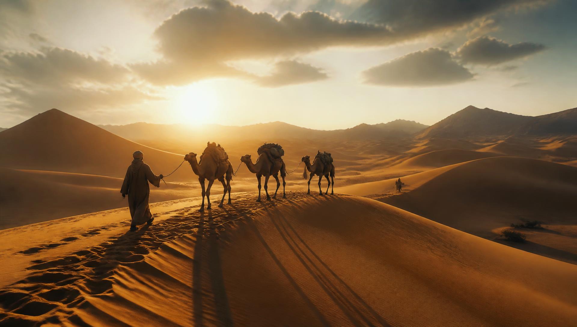 Caravane traversant les dunes au lever du soleil