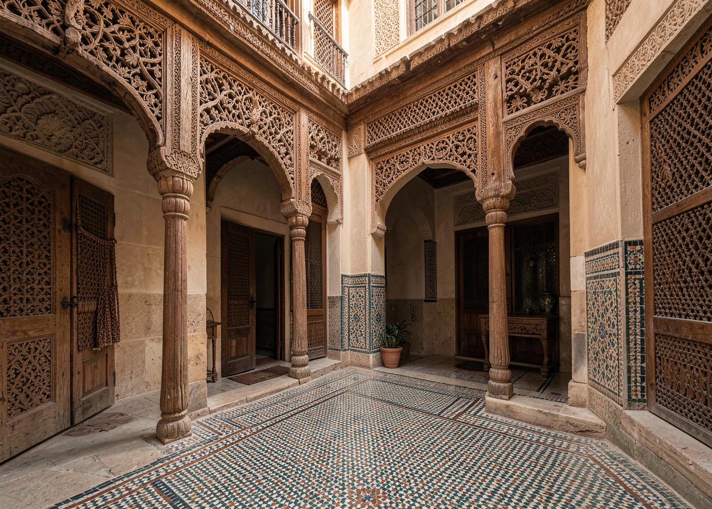 Patio d'un riad marocain aux boiseries sculptées et zelliges