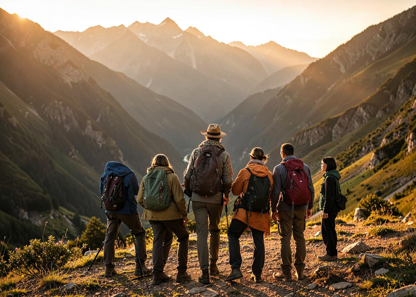 Petit groupe de voyageurs et leur guide face à une vallée de montagne